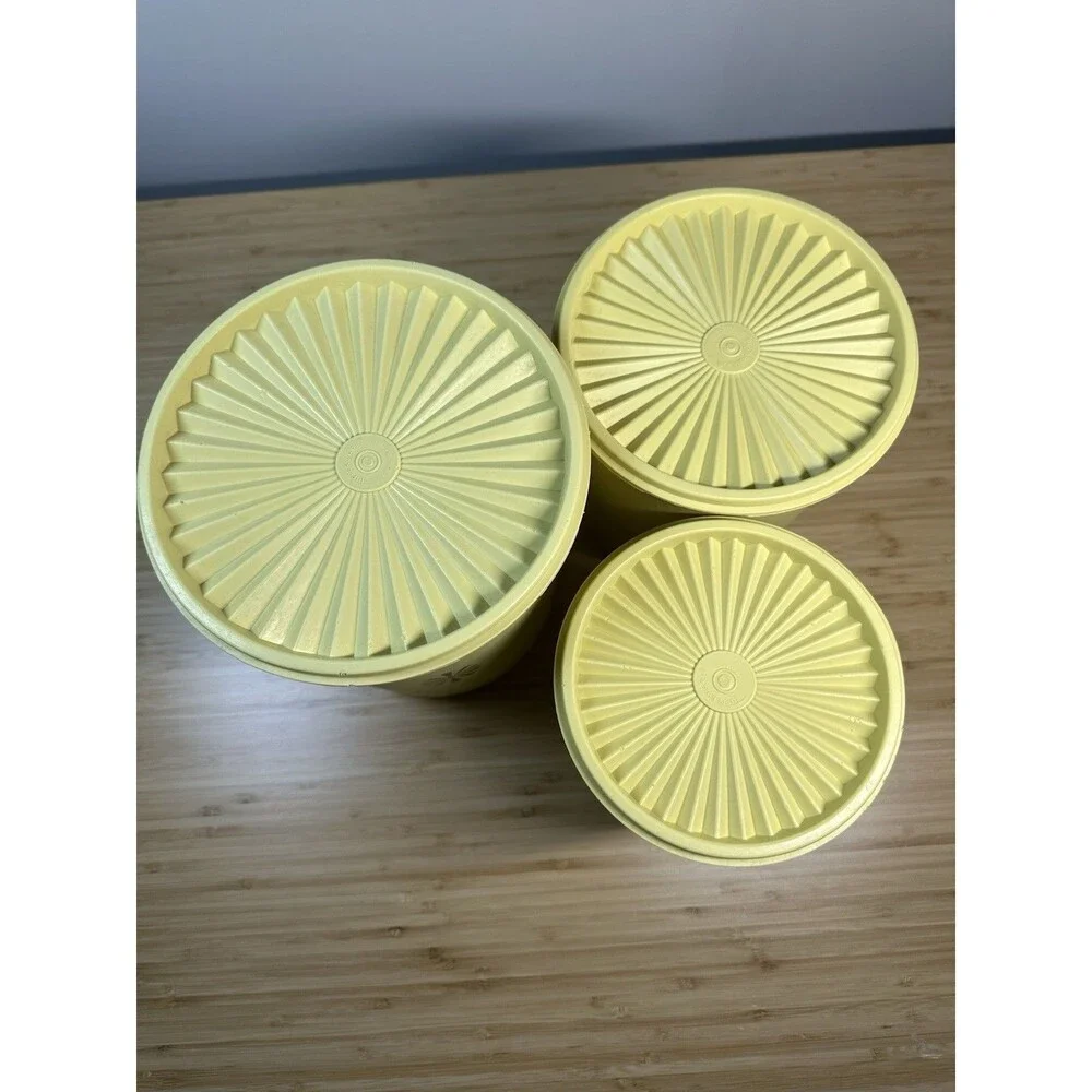 Vtg TUPPERWARE Harvest Gold Sunburst Servalier Canister Nesting 3 MCM Retro 70s